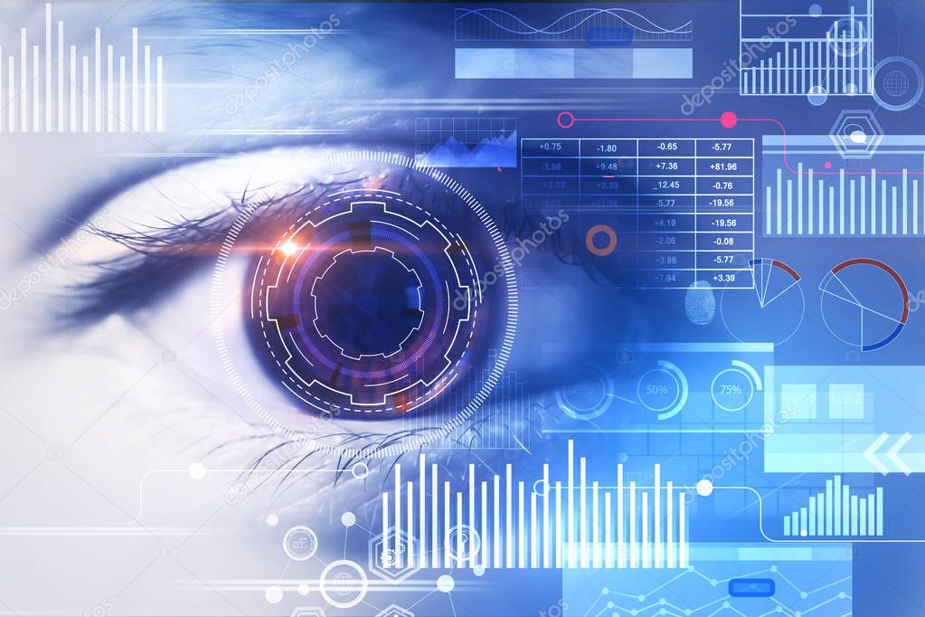 Close up of eye with digital business interface. Biometrics, id and future concept. Double exposure 