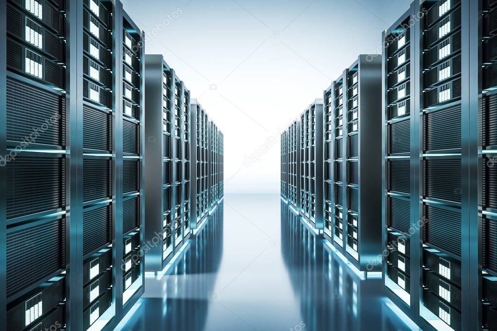 Abstract shiny server room wallpaper. Technology and software concept. 3D Rendering 