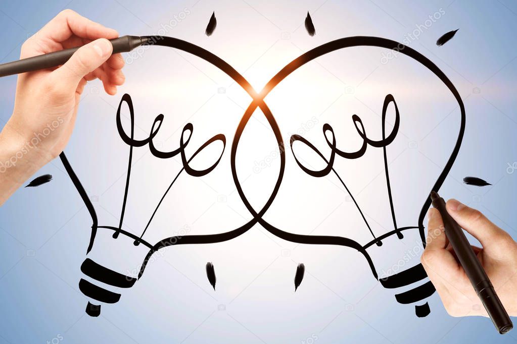 Creative hand drawn lamps on light background. Idea and solution concept