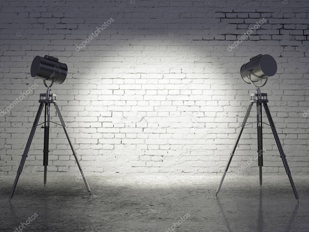 Minimalistic studio with blank brick wall and professional lighting equipment. Mock up, 3D Rendering 
