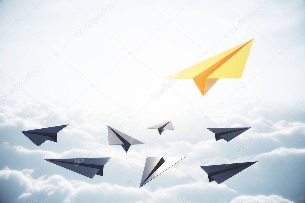 Leadership and team concept. Creative paper plane in sky with daylight. 3D Rendering 