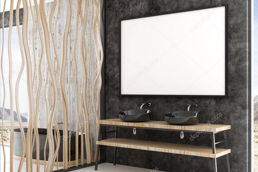 Modern bathroom interior with panoramic city view and empty poster. Design concept. Mock up, 3D Rendering 