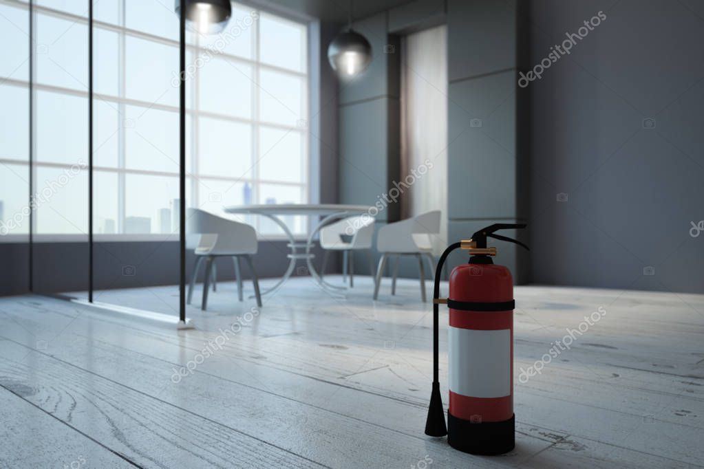 Fire extinguisher in blurry dining room interior. Security concept. 3D Rendering 