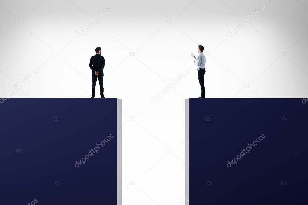 Businessmen standing on abstract background with gap. Risk, challenge and team concept. 3D Rendering 