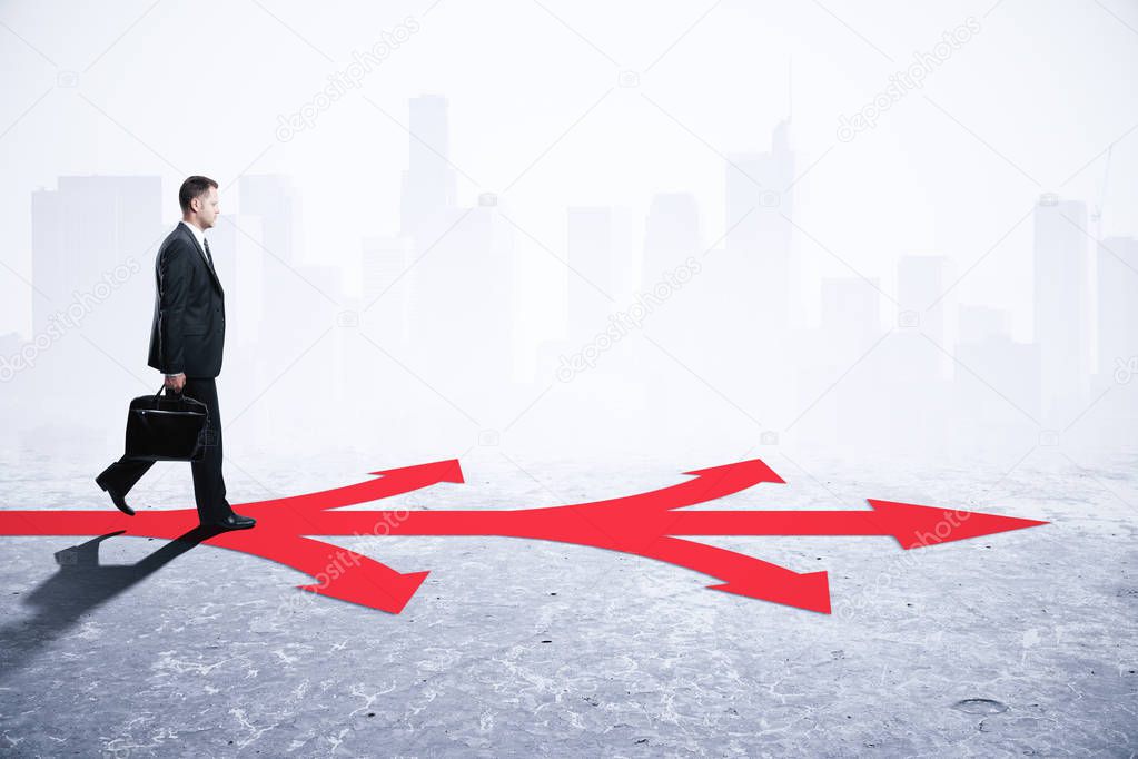 Businessman walking on arrows on abstract gray background. Different direction and choice concept