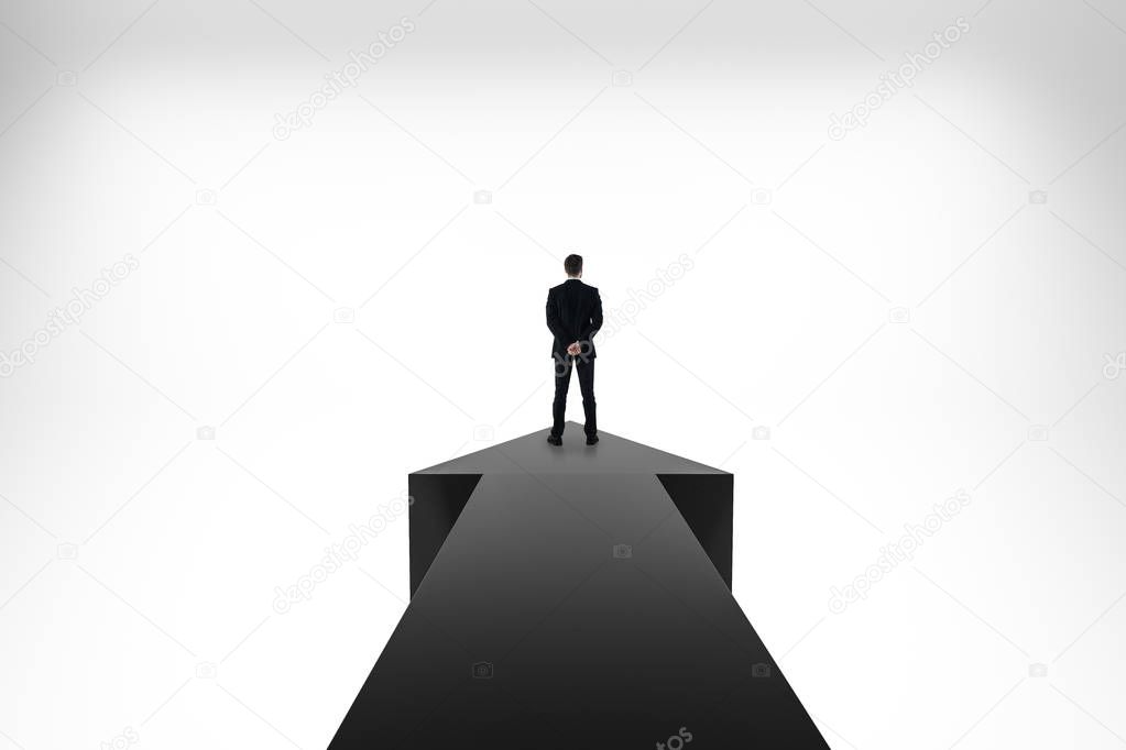 Back view of young businessman standing on arrow on abstract white background. Growth and challenge concept. 3D Rendering 