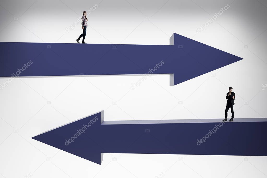 Businessman and woman on abstract blue arrows. Choice, direction and success concept. 3D Rendering 