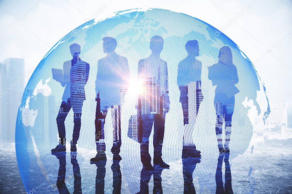 Businesspeople on abstract city background with globe and daylight. Global business and globalization concept. Double exposure 