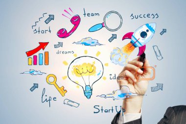 İşadamı el çizim yaratıcı iş gri arka plan üzerine eskiz. Atölye ve finans kavramı 