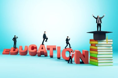 Merdiven, mezuniyet şapka ve kitap yaratıcı eğitim zemin üzerine mutlu başarılı iş adamları. Bilgi ve kariyer kavramı. 3D render 