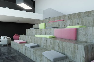 Soyut iç ahşap sears ve yastıklar. Konferans Oda kavramı. 3D render 