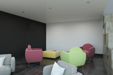 Çağdaş iç renkli koltuklar ve kopya alanı Duvar ile birlikte. Alay etmek yukarıya, 3d render 