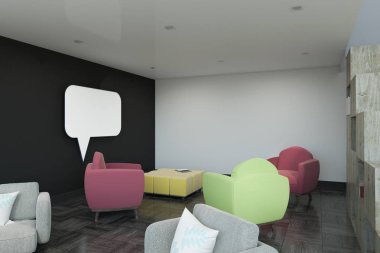 Modern iç renkli koltuklar ve sohbet etmek pencere Duvar ile. Alay etmek yukarıya, 3d render 