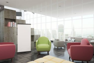 Ahşap raf, boş reklam afiş, renkli sandalyeler ile modern ofis iç yan görünüm ve şehir manzaralı. 3D render 