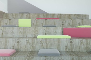 Çağdaş iç ahşap sears ve yastıklar. Konferans Oda kavramı. 3D render 