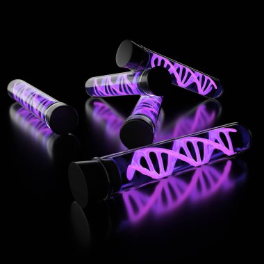 Helix ile soyut laboratuvar tüpü. DNA ve bilim kavramı. 3D render 