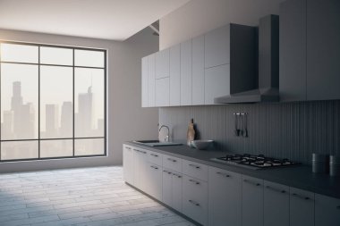 Şehir Manzaralı, gün ışığı ve mobilyalar ile modern loft mutfak iç. Stil ve tasarım kavramı. Yan görünüm, 3d render 