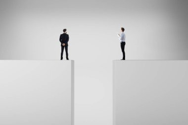 Gap ile arka plan üzerinde duran işadamları. Risk, sorun ve ekip çalışması kavramı. 3D render 