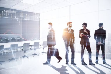 İş adamları siluetleri soyut şehir office arka plan ile forex grafik üzerinde duruyor. Ticaret, Toplantı ve bankacılık kavramı. Çift Pozlama 