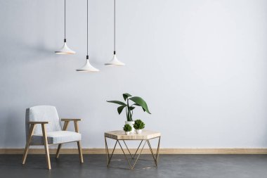 Modern oturma odası iç koltuk, küçük tablo bitkiler ve lambalar ile. Stil ve tasarım kavramı. 3D render 