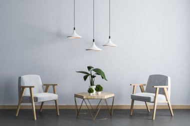 Koltuk, küçük tablo bitkiler ve lambalar ile çağdaş salon iç. Stil ve tasarım kavramı. 3D render 