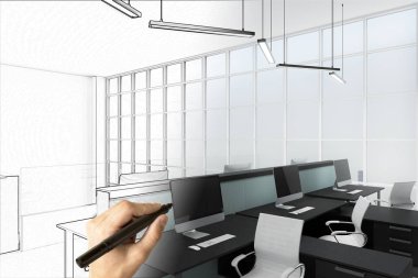 El çizim yaratıcı iç kroki. Gayrimenkul, mühendislik ve office kavramı. 3D render 