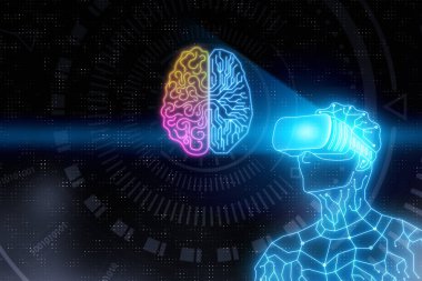 Soyut devre cyborg robot sanal gerçeklik gözlükleri ve parlak beyin ile. Teknoloji, gelecek ve aygıt kavramı. 3D render 