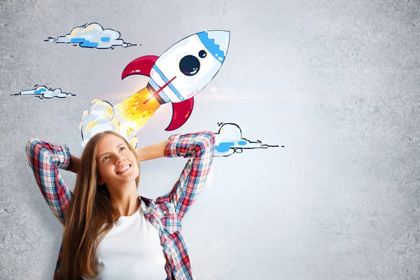 Attractive Cheerful Young Woman Daydreaming Creative Launching Rocket Sketch Concrete — Stock Photo, Image