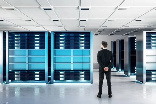 Back View Young Businessman Creative Server Room Background Technology Hardware — Stock Photo, Image