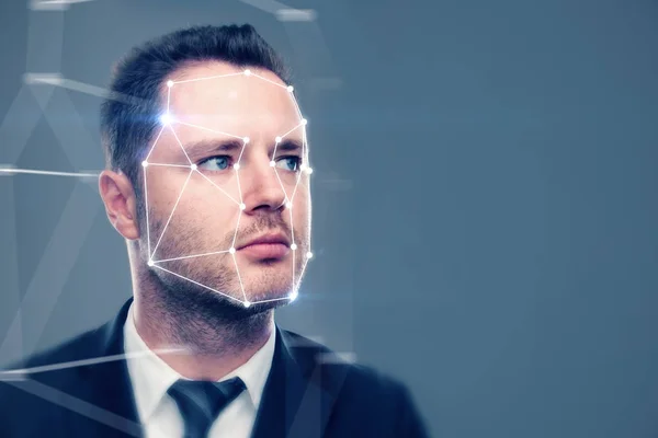 Retrato Atraente Jovem Empresário Com Sistema Reconhecimento Facial Conceito Autenticação — Fotografia de Stock