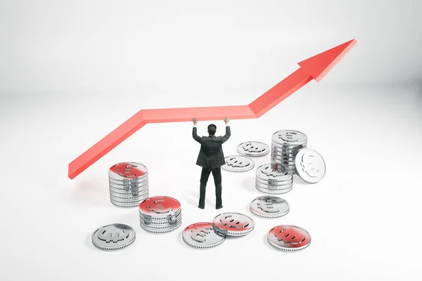Tartja Felfelé Nyíl Könnyű Háttér Ezüst Érmék Üzletember Pénzügyi Növekedés — Stock Fotó
