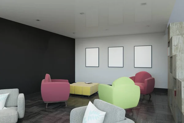 Intérieur Moderne Avec Fauteuils Colorés Affiche Vide Sur Mur Maquette — Photo