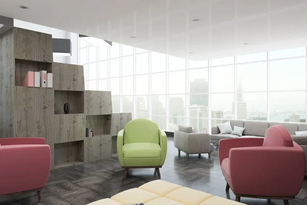 Side view of modern office interior with wooden shelf, colorful chairs and city view. 3D Rendering