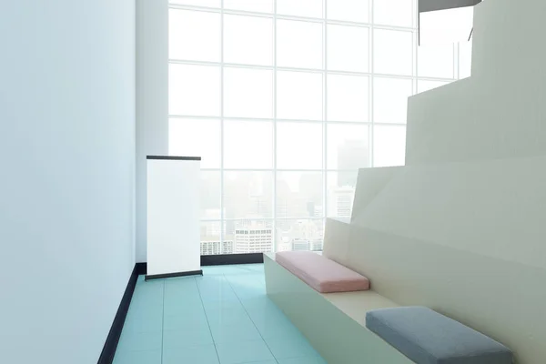 カラフルな枕木の座席 空の看板とシティー ビューのモダンなインテリア 側面図です 会議ルームのコンセプト レンダリング — ストック写真