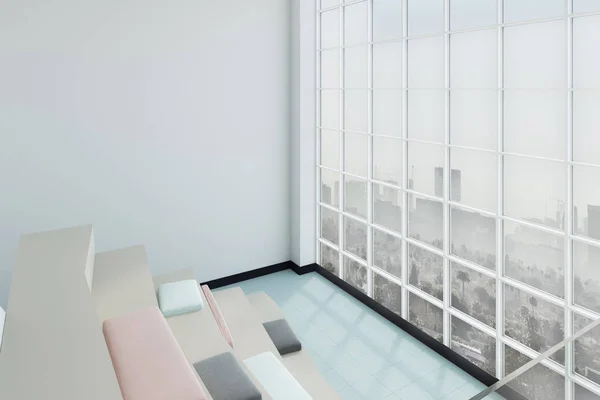 Σύγχρονο Εσωτερικό Διάκοσμο Πολύχρωμα Μαξιλάρια Στα Ξύλινα Καθίσματα Και Θέα — Φωτογραφία Αρχείου