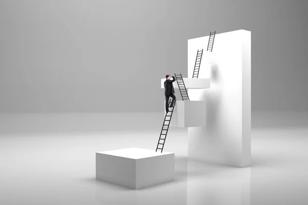 Empresário Subindo Blocos Abstratos Com Escadas Sobre Fundo Branco Desenvolvimento — Fotografia de Stock