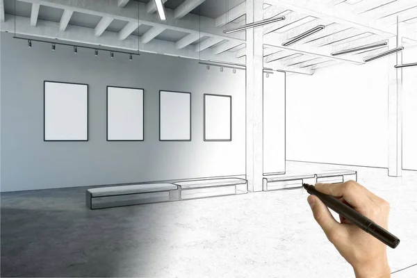 Hand drawing modern exhibition hall interior with empty billboard. Design and plan concept. Mock up, 3D Rendering