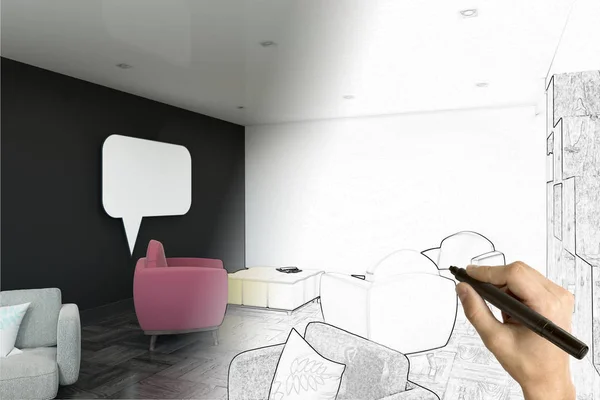 Dessin Main Dessin Intérieur Créatif Immobilier Ingénierie Concept Doodle Rendu — Photo