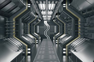 Karanlık fütüristik tünel iç. 3D render 