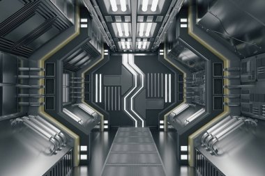 Metal fütüristik koridor iç. 3D render 