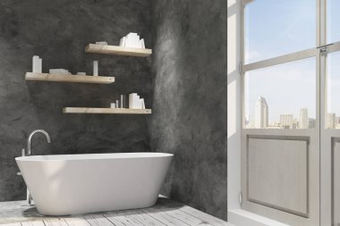 Dekoratif objeler ile beton banyo iç. Stil ve tasarım kavramı. 3D render 