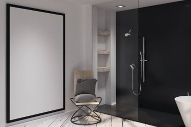 Modern banyo iç boş afiş. Alay etmek yukarıya, 3d render 