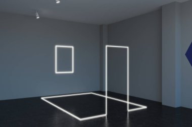 Beton Oda soyut neon yükleme ile. Sergi kavramı. 3D Rendeirng 