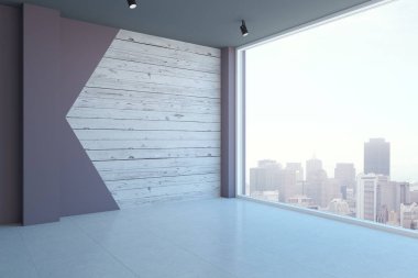 Çağdaş oda iç kopya alanı ve şehir manzaralı. Alay etmek yukarıya, 3d render 