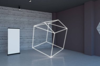 Soyut neon yükleme ve afiş ile modern oda. Sergi kavramı. 3D Rendeirng 