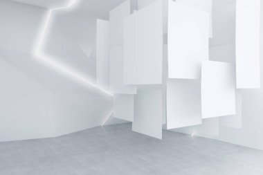 Boş posterler ile Soyut Sergi Salonu. Alay etmek yukarıya, 3d render 