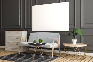 Klasik gri oturma odası iç mobilya, dekoratif bitki ve boş billboard. Alay etmek yukarıya, 3d render