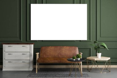 Klasik salon iç mobilya, dekoratif bitki ve boş poster. Alay etmek yukarıya, 3d render