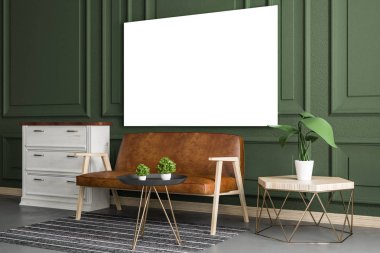Klasik salon iç mobilya, dekoratif bitki ve boş billboard. Alay etmek yukarıya, 3d render