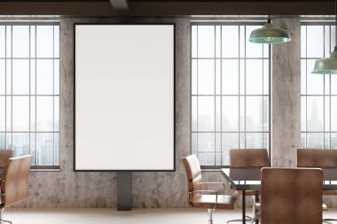Modern toplantı ile boş bayrak iç oda. Alay etmek yukarıya, 3d render 
